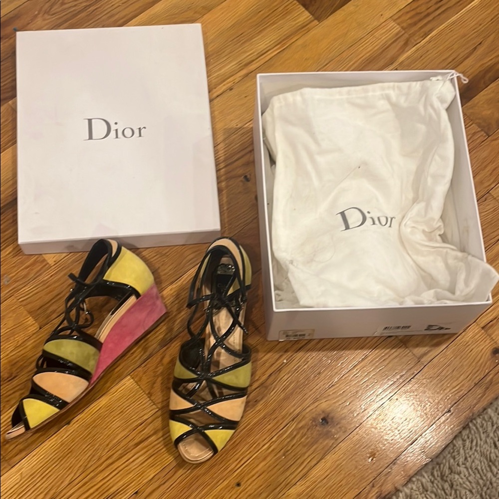Dior Women's Black, Yellow, and Pink Wedge Sandals